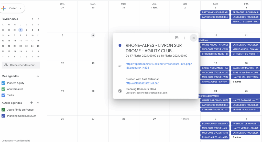 Aperçu du planning des concours d'agility dans Google Agenda